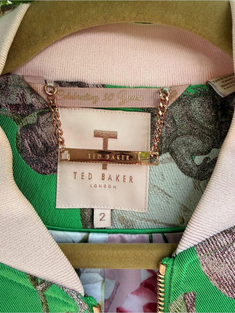 Ted Baker Green Floral Bomber Jacket with Pink Trim Accents size Medium - Picture 3 of 7